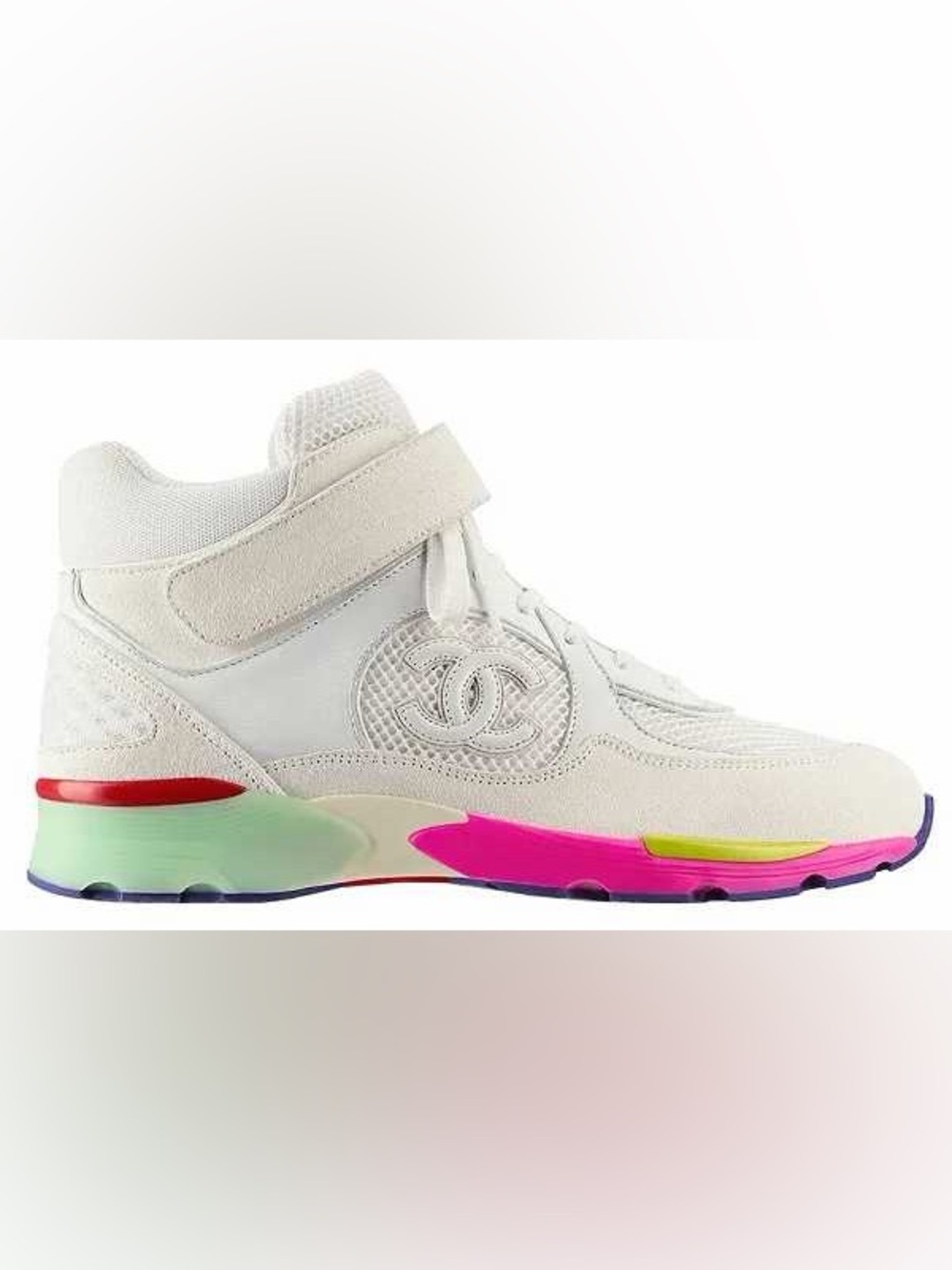 Chanel Cruise White High-Top Velcro Mesh Sneakers with Rainbow Sole